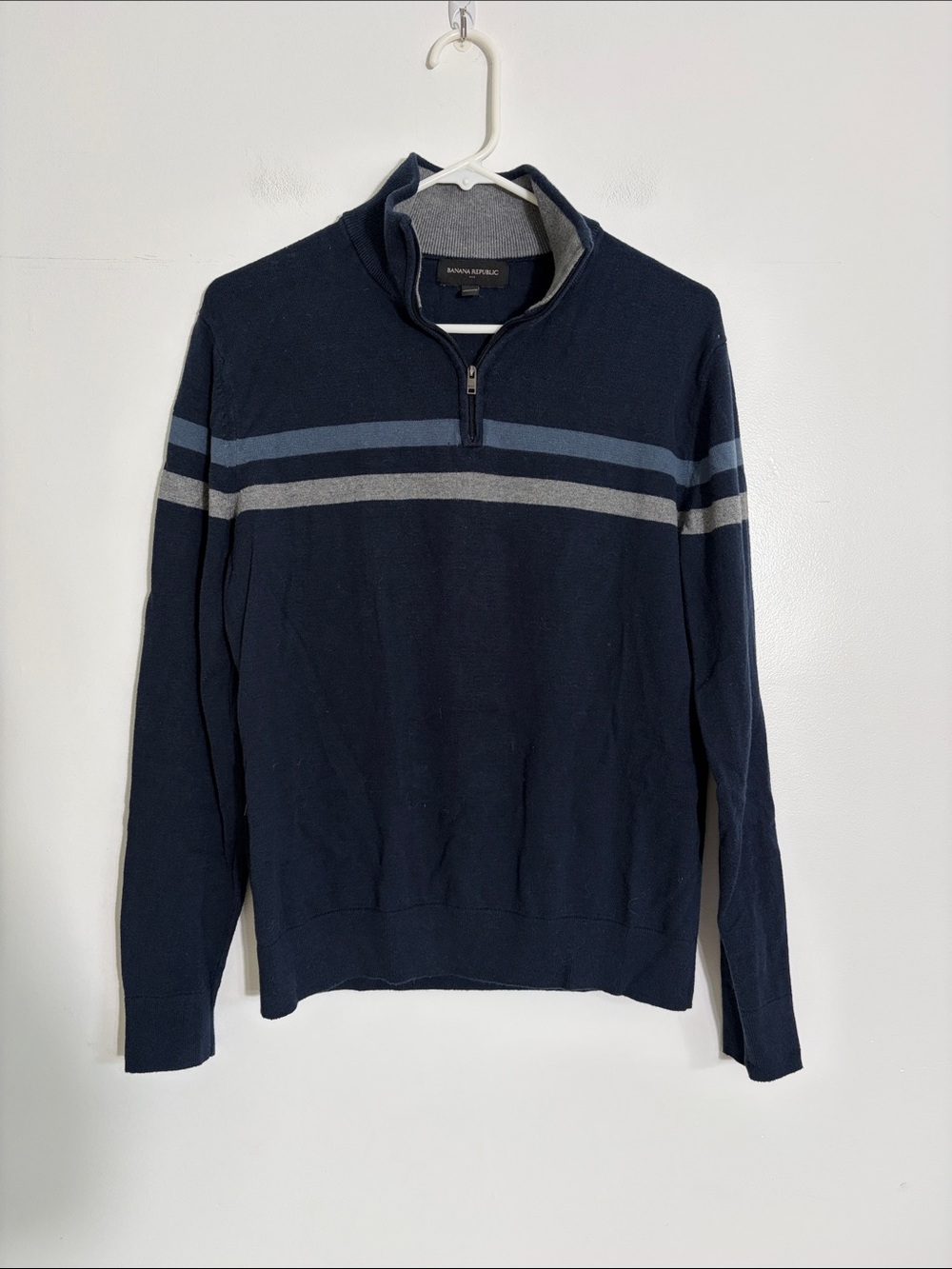 Banana Republic Navy Zip-Up Sweater with Blue and Gray Stripes